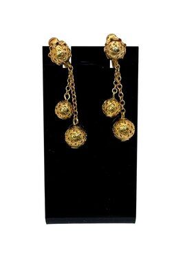 Vintage Vendome Gold-Tone Clip-On Dangle Earrings Textured Chains Ball Accents